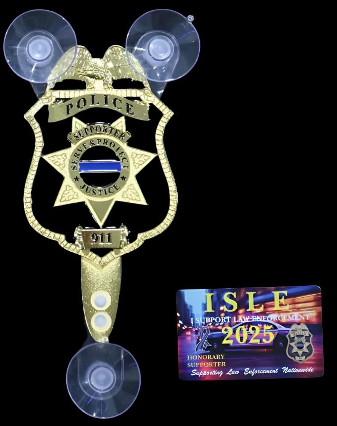 ISLE Police supporter family member fop pba gold car window shield badge outlets acrylic holder + sticker decal